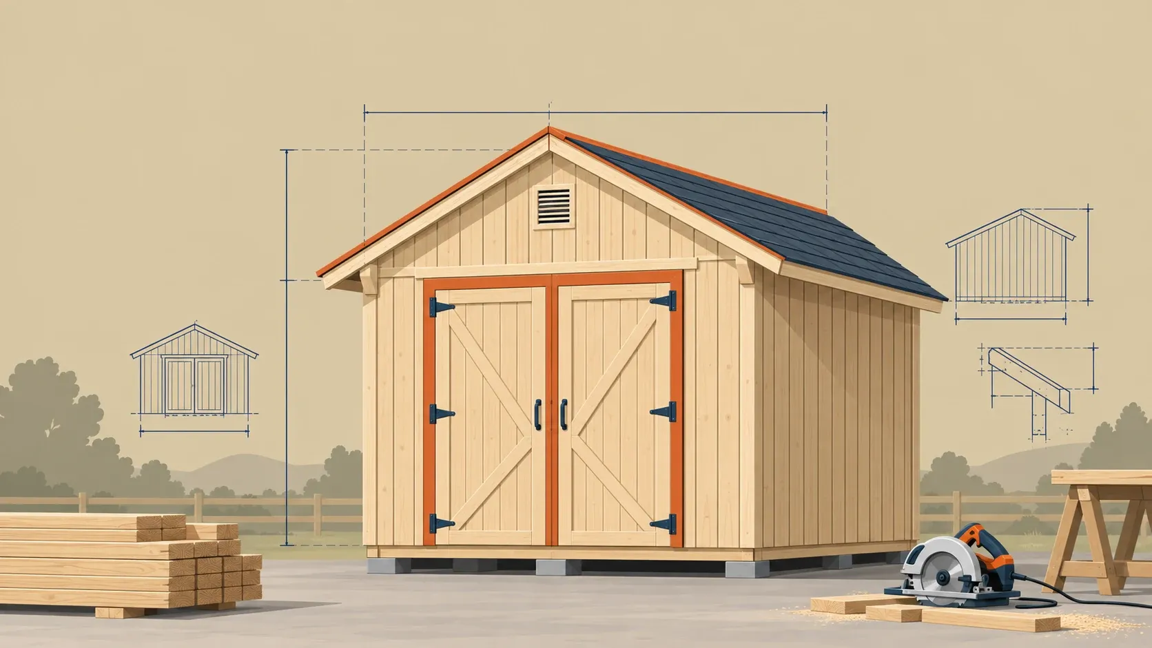 Framed shed on a job site with a dimensioned cut list and material takeoff overlay showing boards packed onto stock lengths