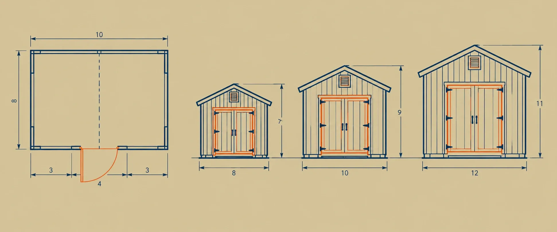 Shed Material Calculator screen with size, roof and door selectors and a resulting cut list and cost estimate