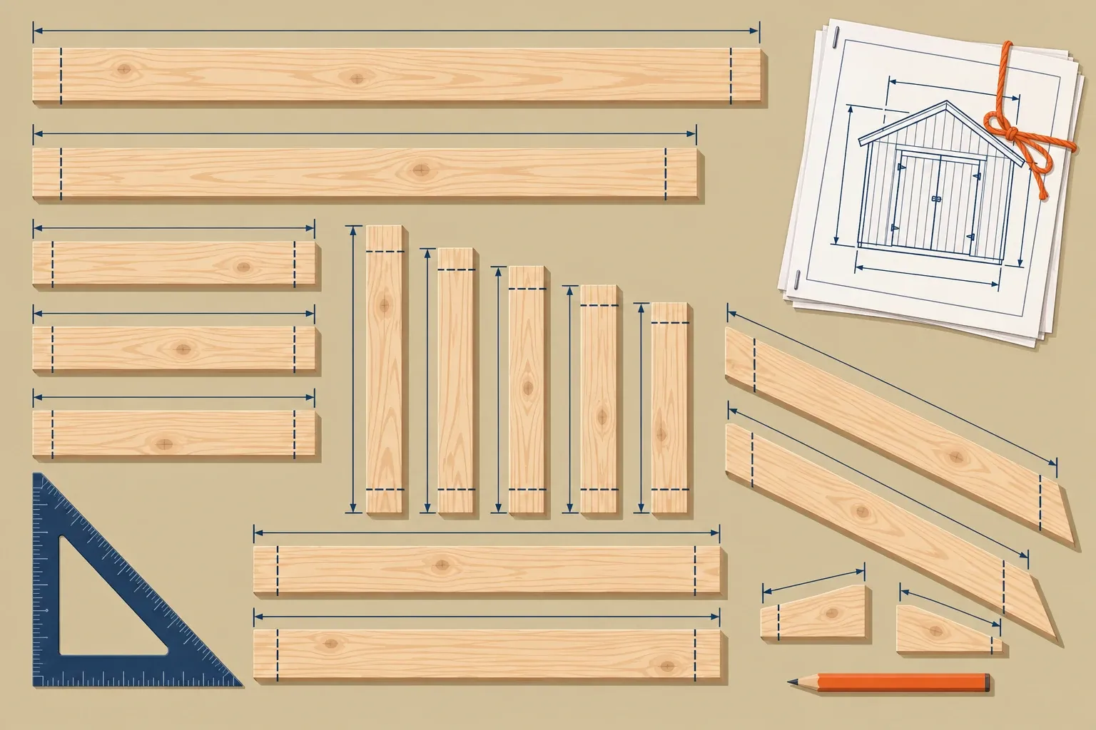 Cut list PDF page with lumber boards packed onto 8, 10 and 12 ft stock lengths with offcut labeled