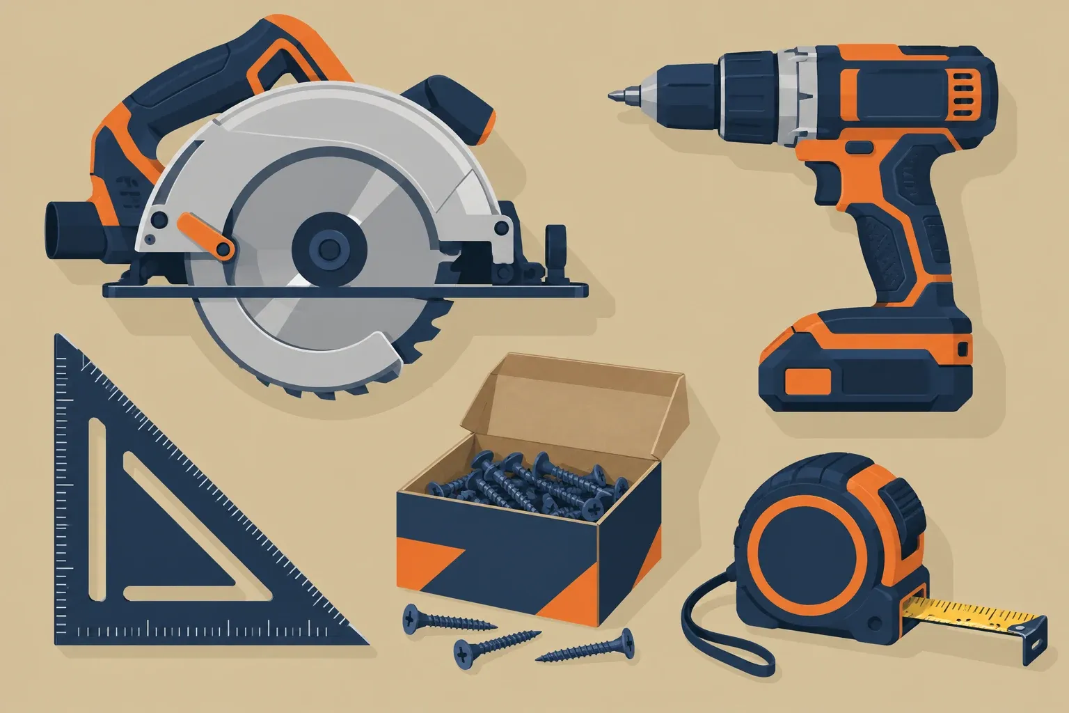 Shed building materials and hand tools laid out: circular saw, framing square, drill driver and galvanized hardware